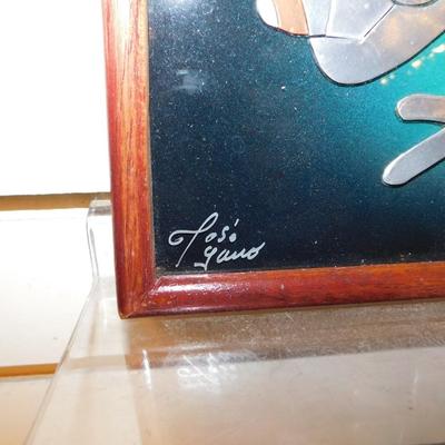 Small Costa Rican Framed & Matted Metal Frog Signed by Artist 8.75”x6.75”