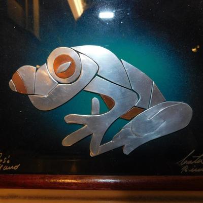 Small Costa Rican Framed & Matted Metal Frog Signed by Artist 8.75”x6.75”