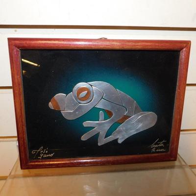 Small Costa Rican Framed & Matted Metal Frog Signed by Artist 8.75”x6.75”