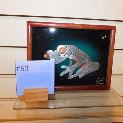 Small Costa Rican Framed & Matted Metal Frog Signed by Artist 8.75”x6.75”