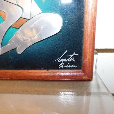 Small Costa Rican Framed & Matted Metal Frog Signed by Artist 8.75”x6.75”