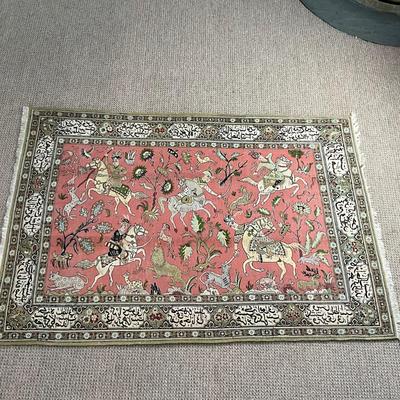 O635 Vintage Silk Hand knotted Hunting Scene Persian Rug 3'5" x 5'3"