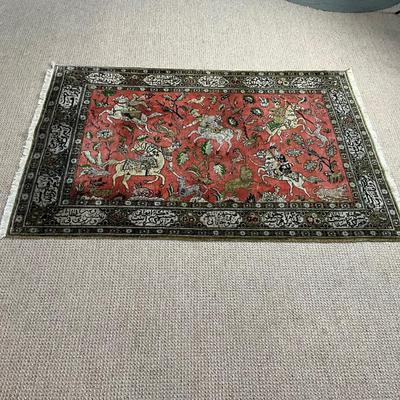 O635 Vintage Silk Hand knotted Hunting Scene Persian Rug 3'5" x 5'3"