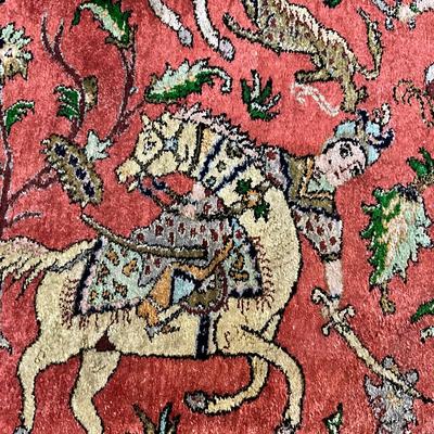 O635 Vintage Silk Hand knotted Hunting Scene Persian Rug 3'5" x 5'3"