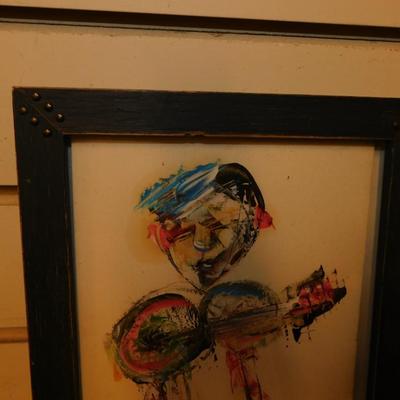 Small Framed Colorful & Abstract Man Playing Banjo Wall Art