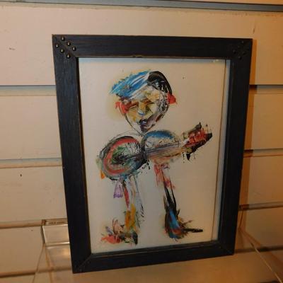 Small Framed Colorful & Abstract Man Playing Banjo Wall Art