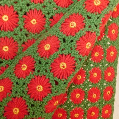 Beautiful Vintage Green and Red Floral Throw Blanket