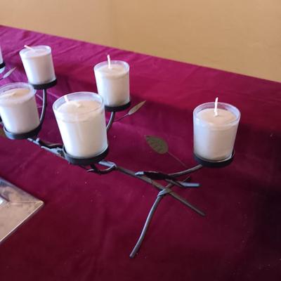 IRON LEAF VOTIVE CANDLE HOLDER AND PEWTER TRAY WITH ABALONE BORDER