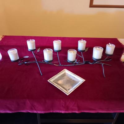 IRON LEAF VOTIVE CANDLE HOLDER AND PEWTER TRAY WITH ABALONE BORDER