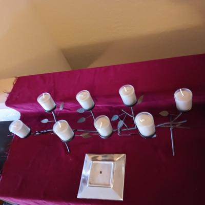 IRON LEAF VOTIVE CANDLE HOLDER AND PEWTER TRAY WITH ABALONE BORDER