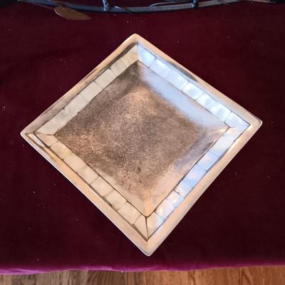 IRON LEAF VOTIVE CANDLE HOLDER AND PEWTER TRAY WITH ABALONE BORDER