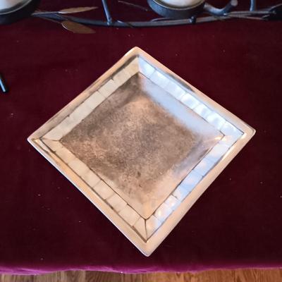 IRON LEAF VOTIVE CANDLE HOLDER AND PEWTER TRAY WITH ABALONE BORDER