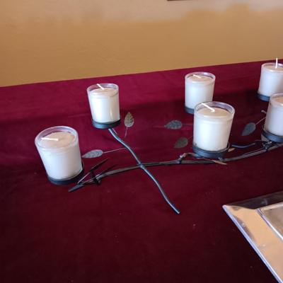IRON LEAF VOTIVE CANDLE HOLDER AND PEWTER TRAY WITH ABALONE BORDER