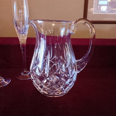 WATERFORD CRYSTAL PITCHER AND 2 CRYSTAL STEMMED GLASSES
