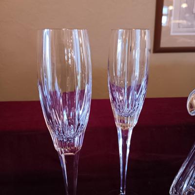 WATERFORD CRYSTAL PITCHER AND 2 CRYSTAL STEMMED GLASSES