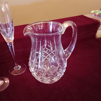 WATERFORD CRYSTAL PITCHER AND 2 CRYSTAL STEMMED GLASSES