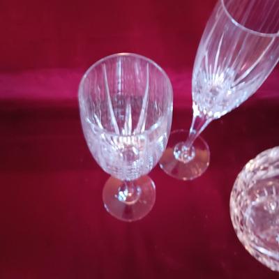 WATERFORD CRYSTAL PITCHER AND 2 CRYSTAL STEMMED GLASSES