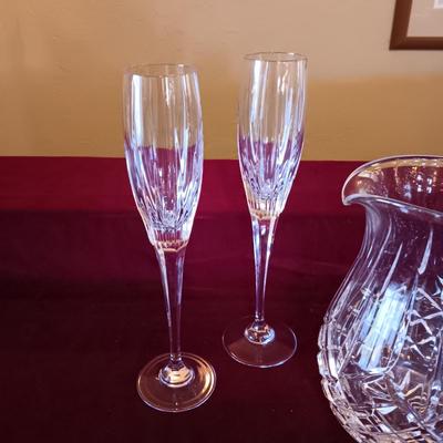 WATERFORD CRYSTAL PITCHER AND 2 CRYSTAL STEMMED GLASSES