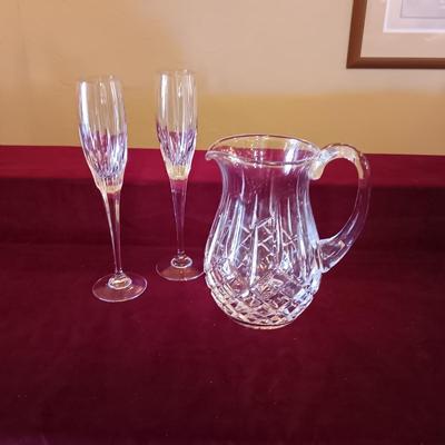 WATERFORD CRYSTAL PITCHER AND 2 CRYSTAL STEMMED GLASSES