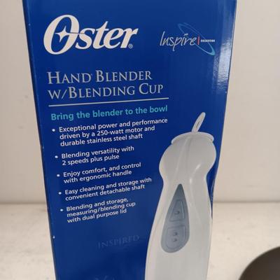 NIB OSTER HAND BLENDER, COMMERCIAL ALUMINUM SKILLET AND IRON WALL HUNG TOWEL HOLDER