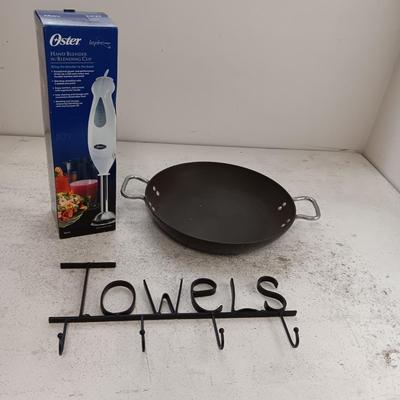 NIB OSTER HAND BLENDER, COMMERCIAL ALUMINUM SKILLET AND IRON WALL HUNG TOWEL HOLDER