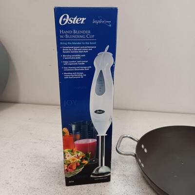NIB OSTER HAND BLENDER, COMMERCIAL ALUMINUM SKILLET AND IRON WALL HUNG TOWEL HOLDER