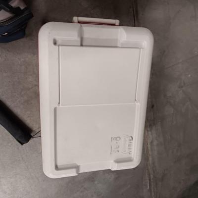 COLEMAN KWIK SERV COOLER AND ANOTHER ON WHEELS PLUS A LUNCH BAG AND UMBRELLA