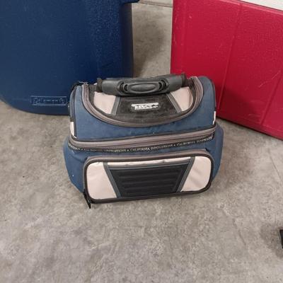 COLEMAN KWIK SERV COOLER AND ANOTHER ON WHEELS PLUS A LUNCH BAG AND UMBRELLA