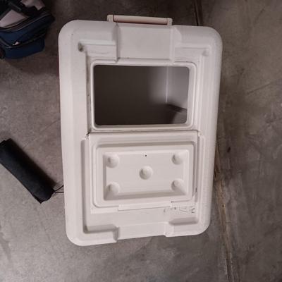 COLEMAN KWIK SERV COOLER AND ANOTHER ON WHEELS PLUS A LUNCH BAG AND UMBRELLA