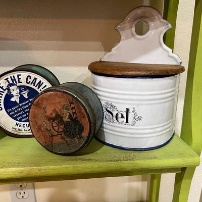 2 Vintage Tins and Sel Salt Box