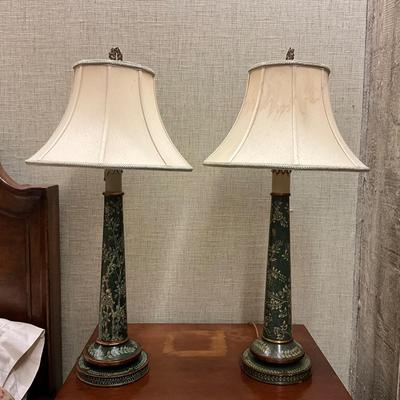MB654 Pair of Green Floral Painted Bradburn Gallery Lamps