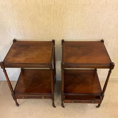 MB656 Pair of Vintage Banded Leg Mahogany Side Tables with lower drawer