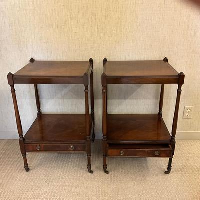 MB656 Pair of Vintage Banded Leg Mahogany Side Tables with lower drawer