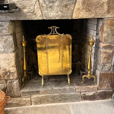 MB666 Antique Brass Firescreen with Brass Andirons