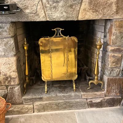 MB666 Antique Brass Firescreen with Brass Andirons