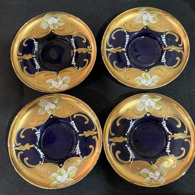 4 Murano Glass Cobalt Blue & Gold Saucers
