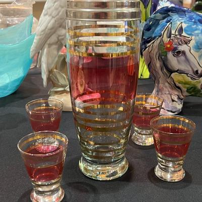 Vintage Glass Bar Shaker and 4 Glasses