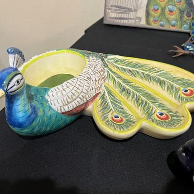 Peacock Salt and Pepper Shakers and Tracy Porter Hand Painted Peacock Chip and Dip Bowl