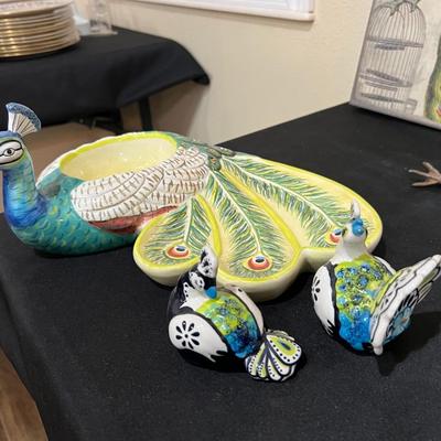 Peacock Salt and Pepper Shakers and Tracy Porter Hand Painted Peacock Chip and Dip Bowl