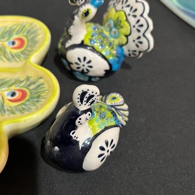 Peacock Salt and Pepper Shakers and Tracy Porter Hand Painted Peacock Chip and Dip Bowl