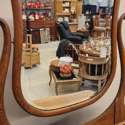 Oak dresser with harp and beveled mirror