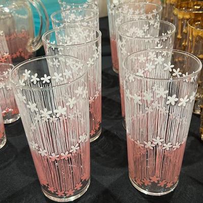 Vintage White & Pink Floral Striped Pitcher & 21 Glasses