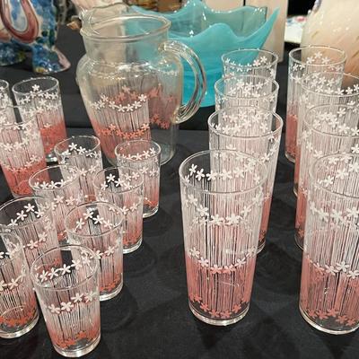 Vintage White & Pink Floral Striped Pitcher & 21 Glasses