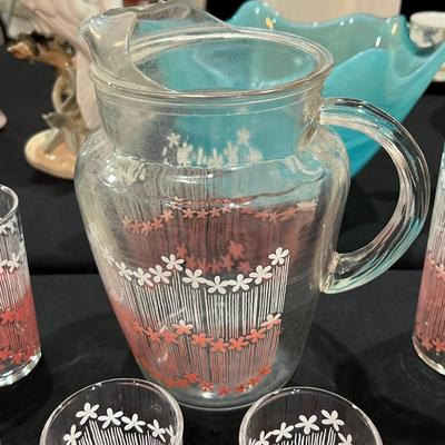 Vintage White & Pink Floral Striped Pitcher & 21 Glasses