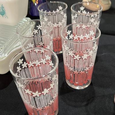 Vintage White & Pink Floral Striped Pitcher & 21 Glasses