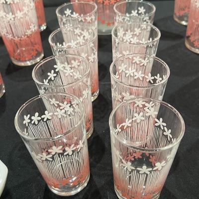 Vintage White & Pink Floral Striped Pitcher & 21 Glasses