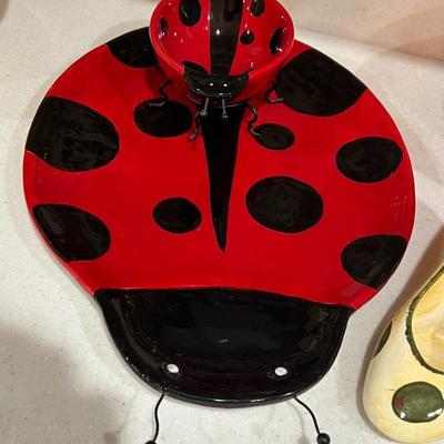 Lady Bug Chip & Dip Bowl, 2 Olive Shoes and Orange Bowl