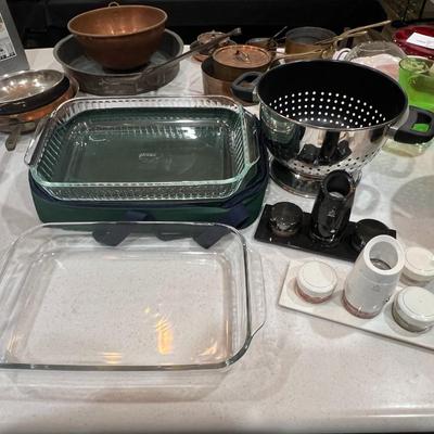 2 Pyrex Pans, Strainer, & Salt & Pepper Sets