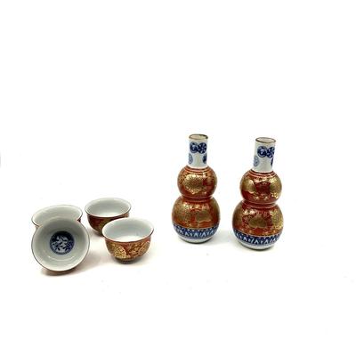 D681 Set of Signed Porcelain Saki Bottles and Cups
