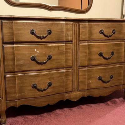 Davis Cabinet Co. Antique Long Wood Dresser w/ Mirror